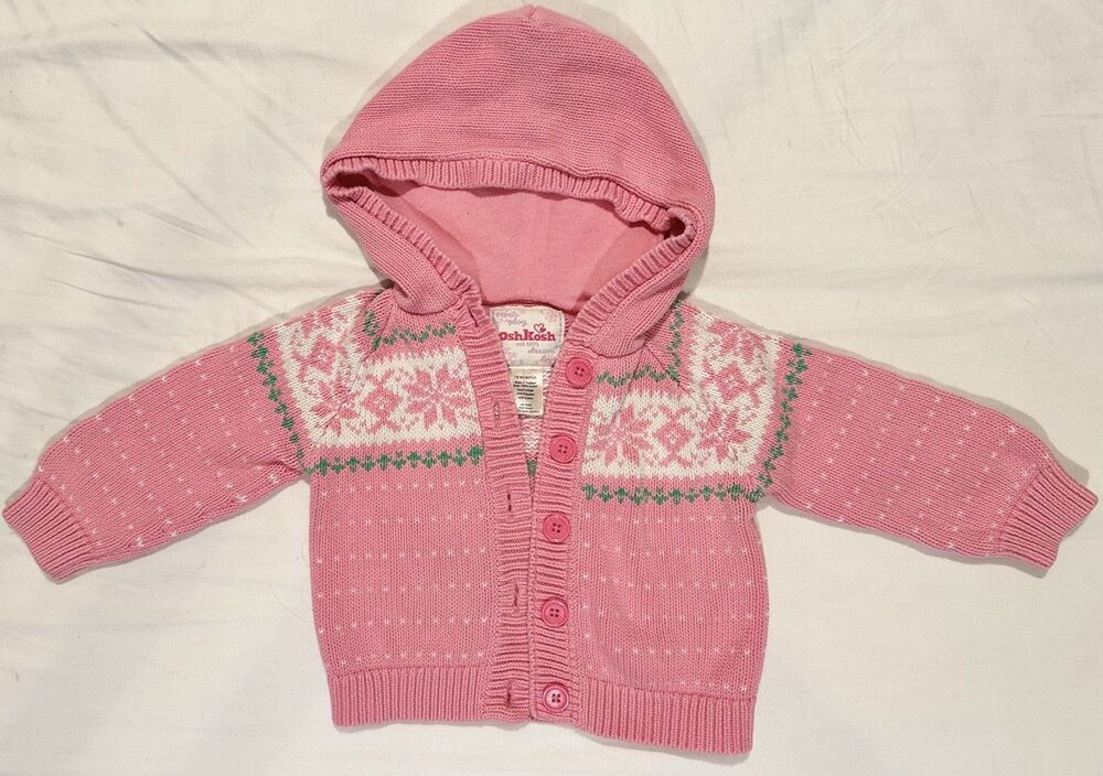 Vintage Y2K Oshkosh Hooded Knit Fair Isle Nordic Pink Sweater Girls 18M Toddler
